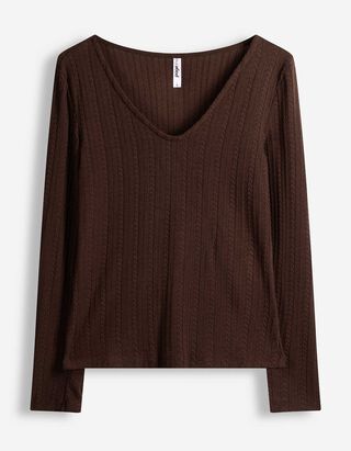 Langarmshirt - V-Ausschnitt - Dunkelbraun