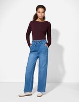 Žebrovaný pletený svetr - Kulatý výstřih - tm. lila