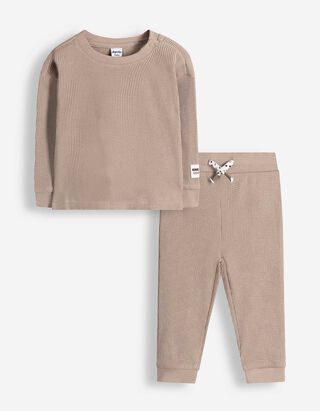 Ensemble t-shirt &agrave; manches longues et pantalon - Structure gaufr&eacute;e - taupe