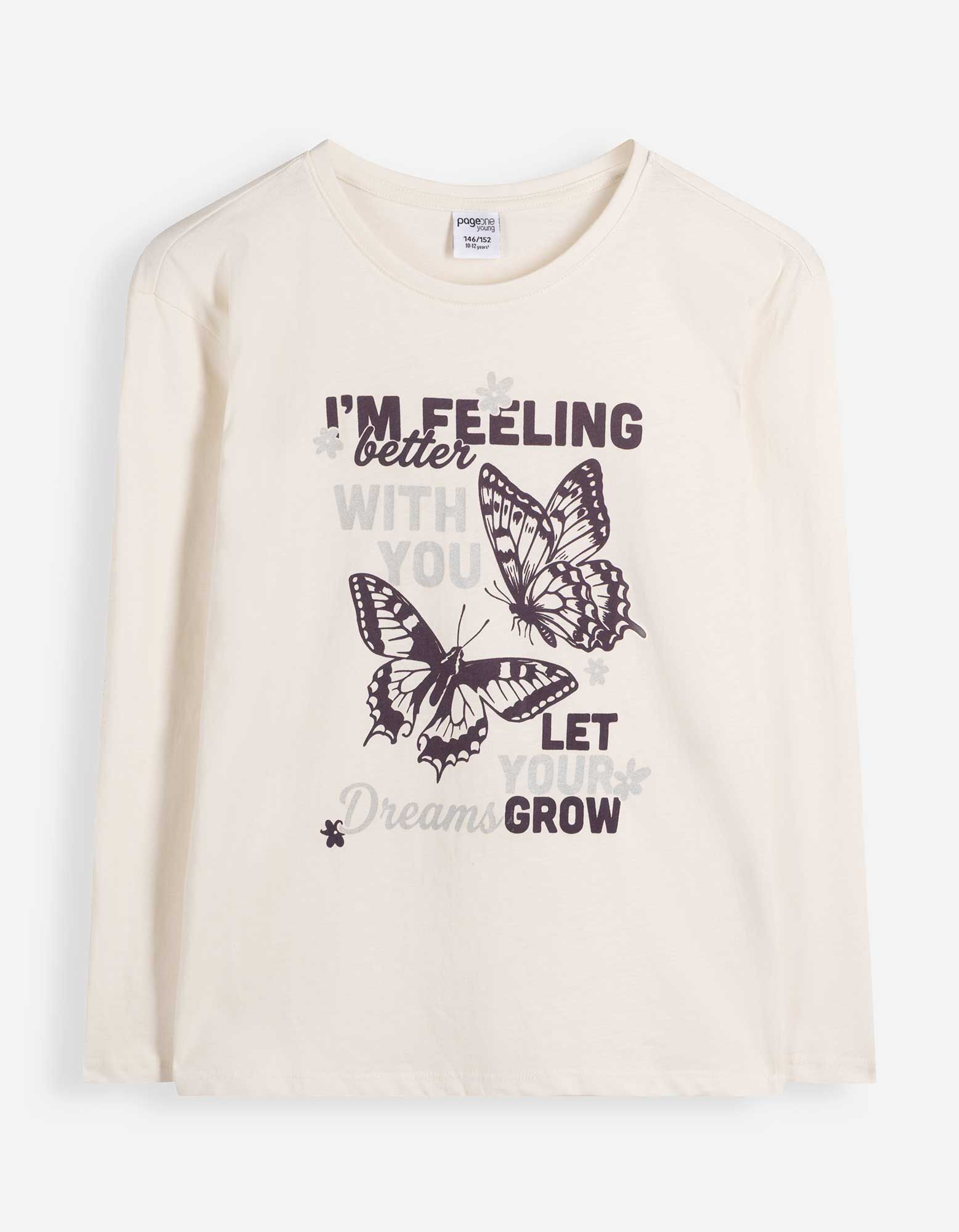 Langarmshirt - Frontprint - Beige