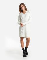 sukienka dzianinowa - dzianina kablowa - bialy