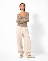 Langarmshirt - Spitzenbesatz - Beige