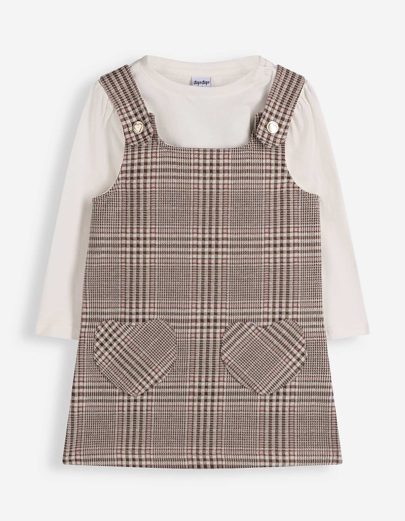 Set aus Shirt und Kleid - Karomuster - Braun