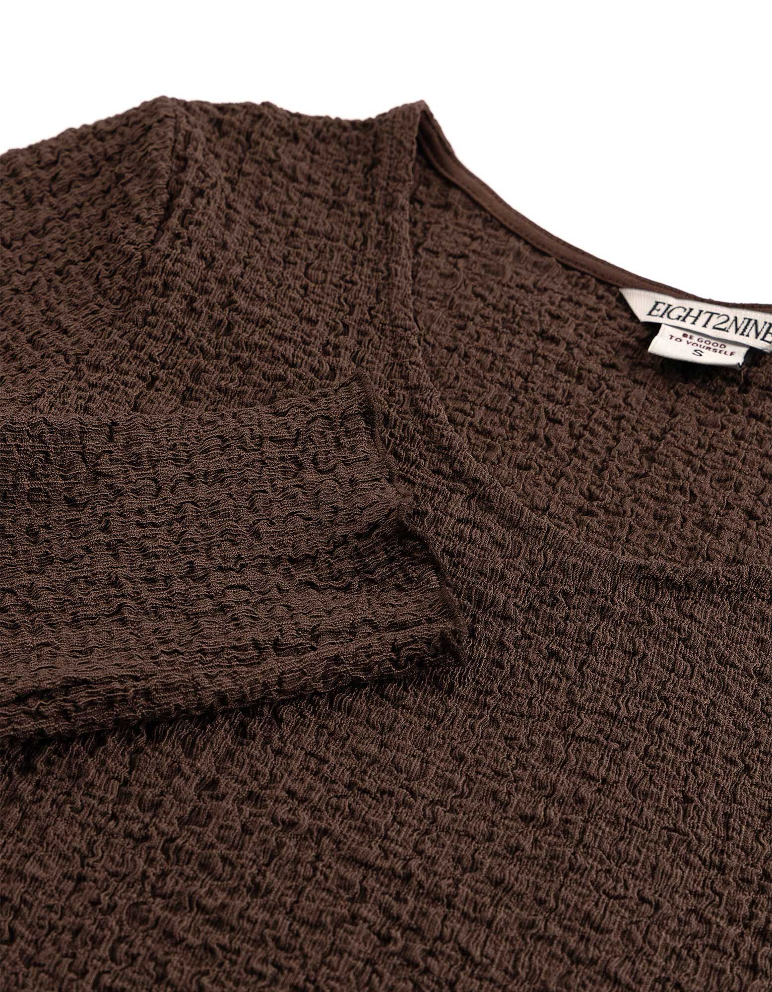 Langarmshirt - Crinkle-Optik - Dunkelbraun
