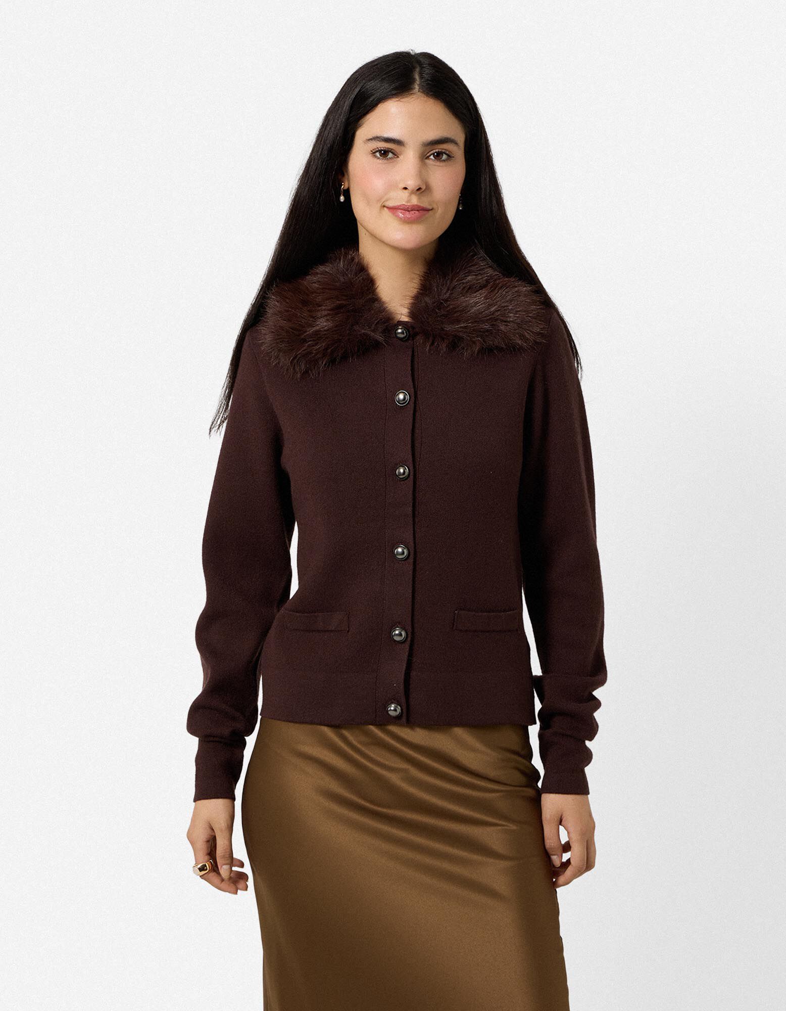 Cardigan - Col en fausse fourrure amovible - brun fonc&eacute;
