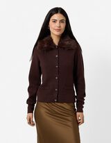 Cardigan - Col en fausse fourrure amovible - brun fonc&eacute;