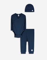 set iz bodyja z dolgimi rokavi, hlače in kapa - Rebrasta tekstura - temno modra