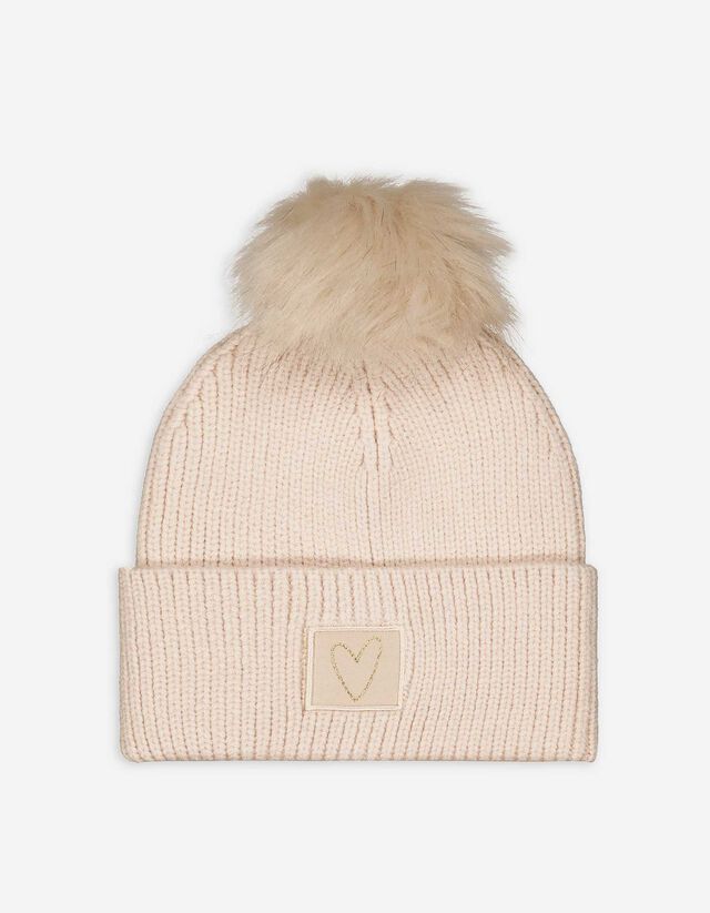 Muts met pompon - Ribtricot - beige