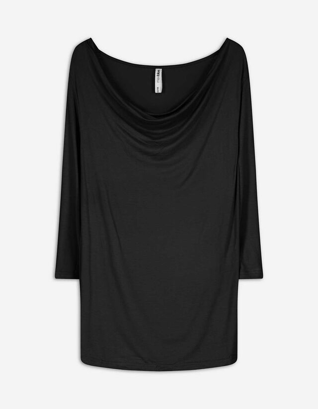 Langarmshirt - Wasserfall-Ausschnitt - schwarz
