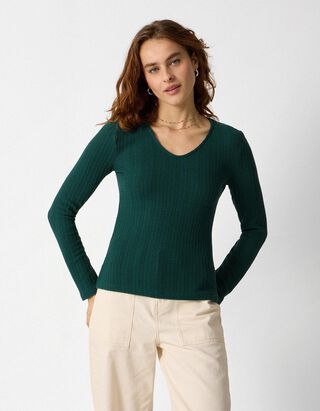 Langarmshirt - V-Ausschnitt - Dunkelgr&uuml;n