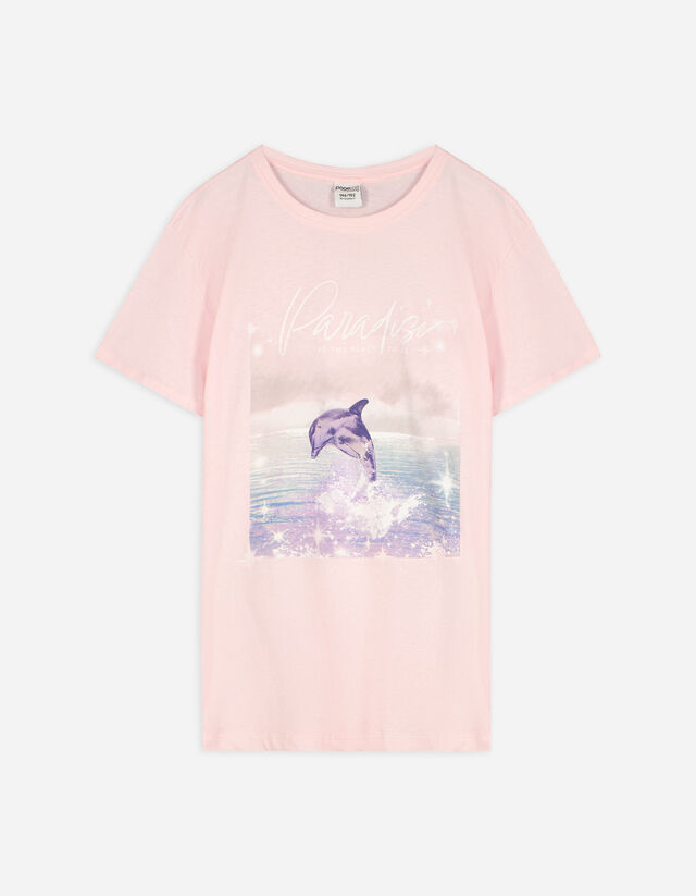 T-shirt - błyszczący nadruk - rozowy