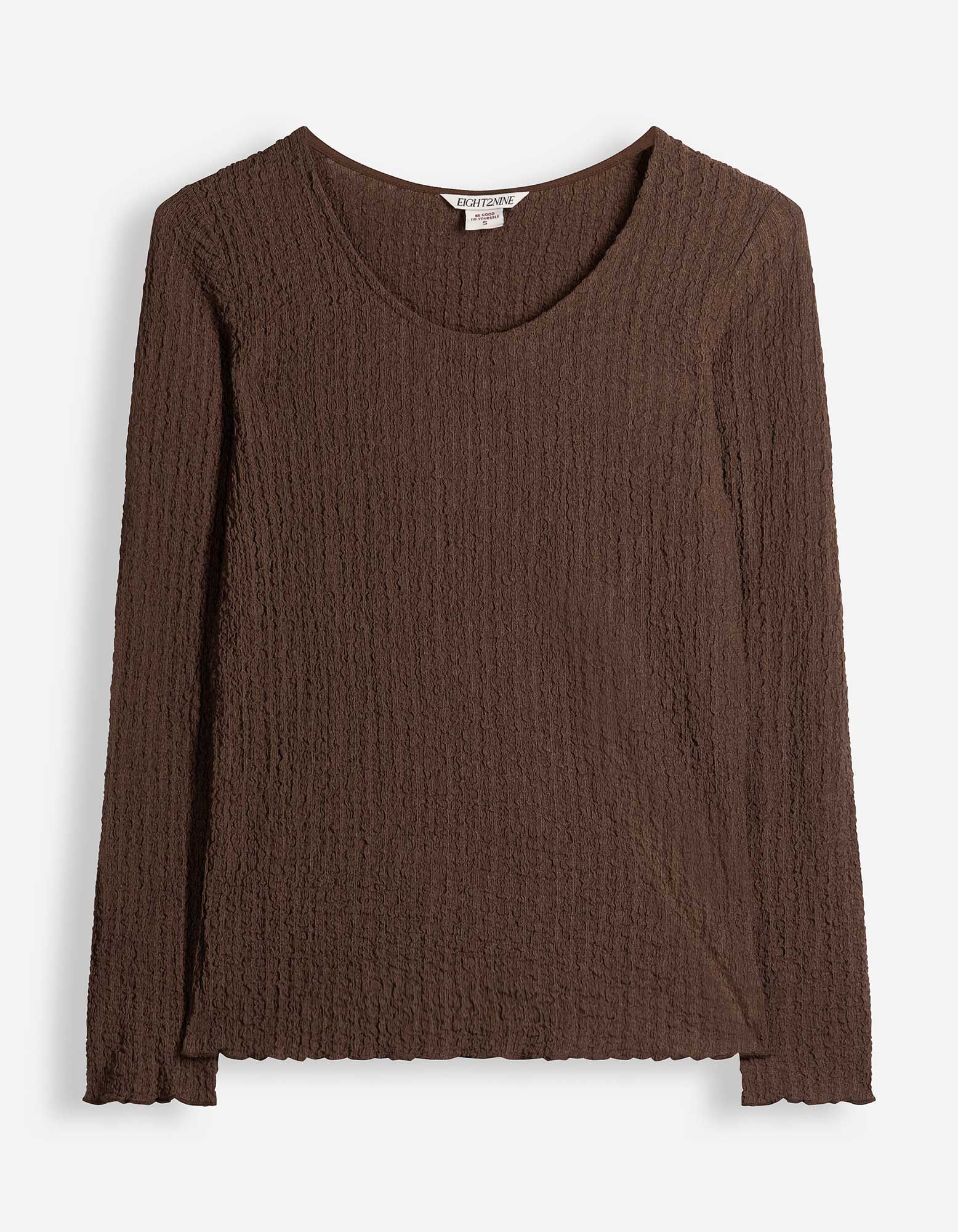 Langarmshirt - Crinkle-Optik - Dunkelbraun