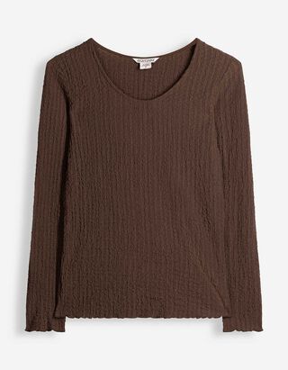Langarmshirt - Crinkle-Optik - Dunkelbraun