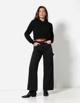 Cropped sweatjack - Capuchon met tunnelkoord - zwart
