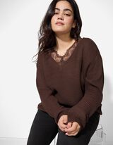 Pulovr - Krajkov&aacute; aplikace - tmave hneda