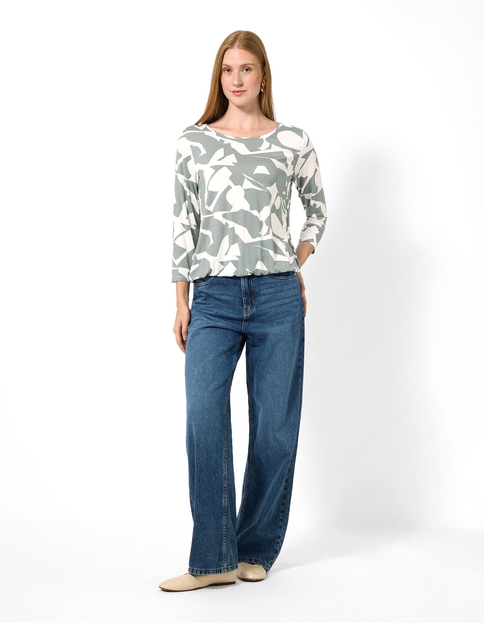 Langarmshirt - Allover-Print - Gr&uuml;n