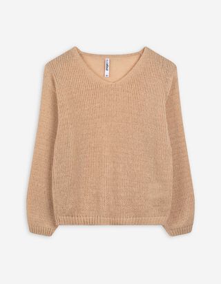Strickpullover - V-Ausschnitt - beige