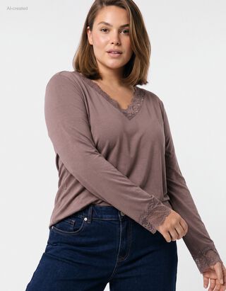Langarmshirt - Spitzenbesatz - Braun
