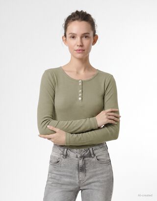 Langarmshirt - Zierkn&ouml;pfe - Khaki