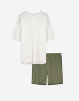 Pyjama Set aus Shirt und Hose - Gerippt - weiß