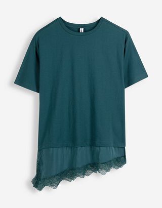 T-Shirt - Spitzenbesatz - Petrol