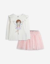 Set aus Shirt und Rock - Glitzerprint - weiß