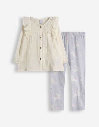 Set aus Kleid und Leggings - Musselin - wei&szlig;