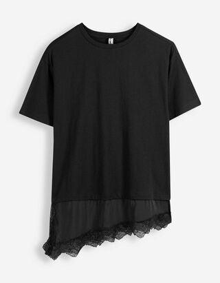 T-Shirt - Spitzenbesatz - Schwarz