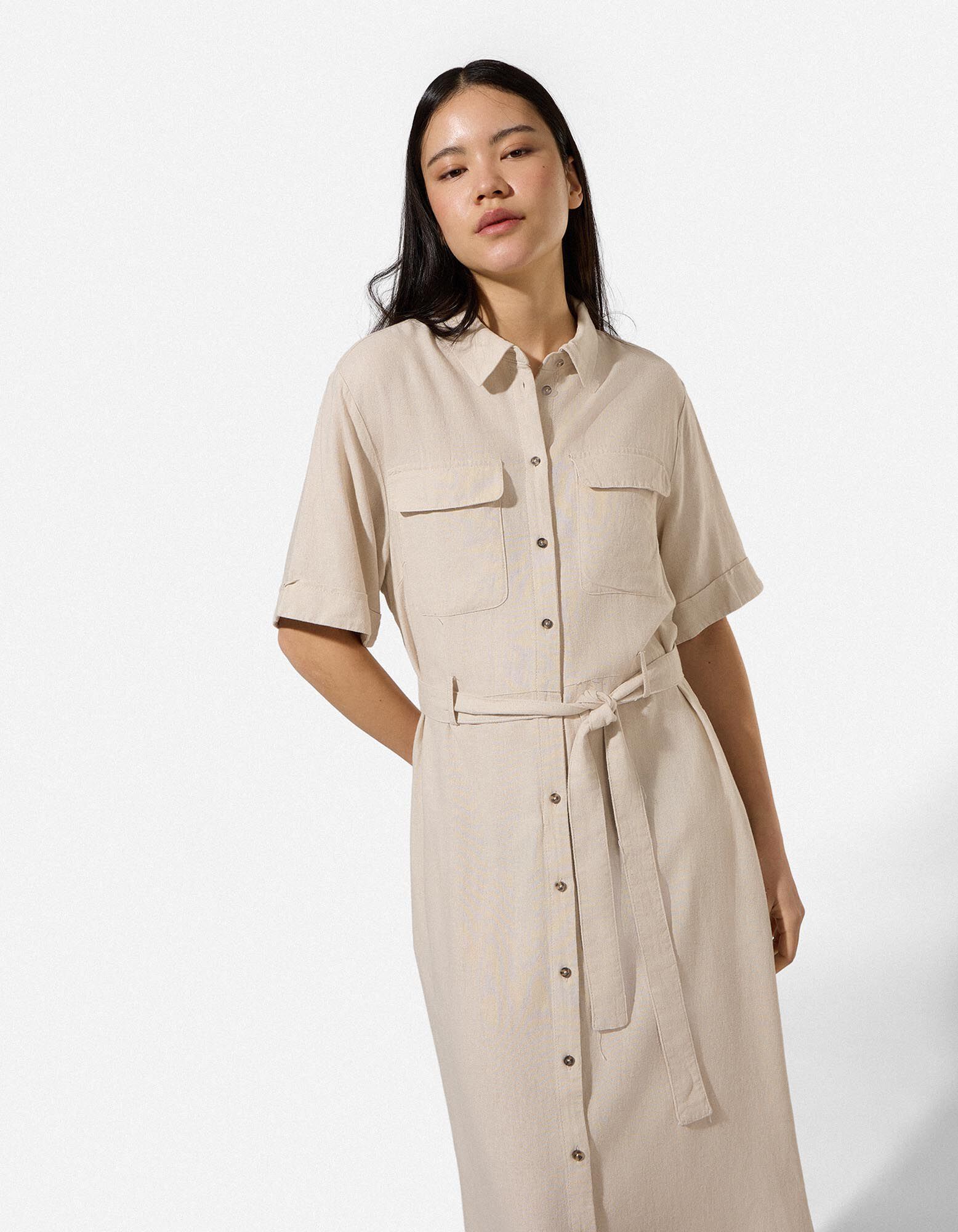 Kleid - Leinen-Optik - Beige