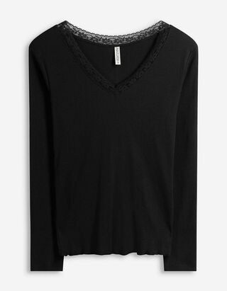 Langarmshirt - Spitzenbesatz - schwarz