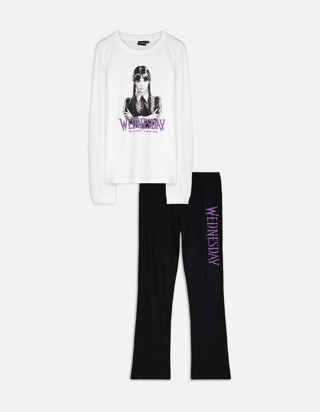 Set de pijama format din cămașă cu mânecă lungă și pantaloni  - Wednesday - Alb