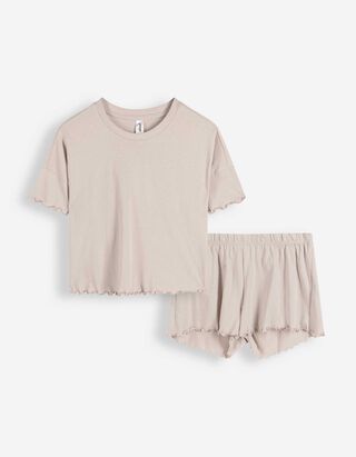 Pyjama Set aus Shirt und Shorts - einfarbig - beige