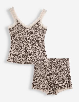 Pyjama Set aus Shirt und Shorts - Allover-Muster - beige