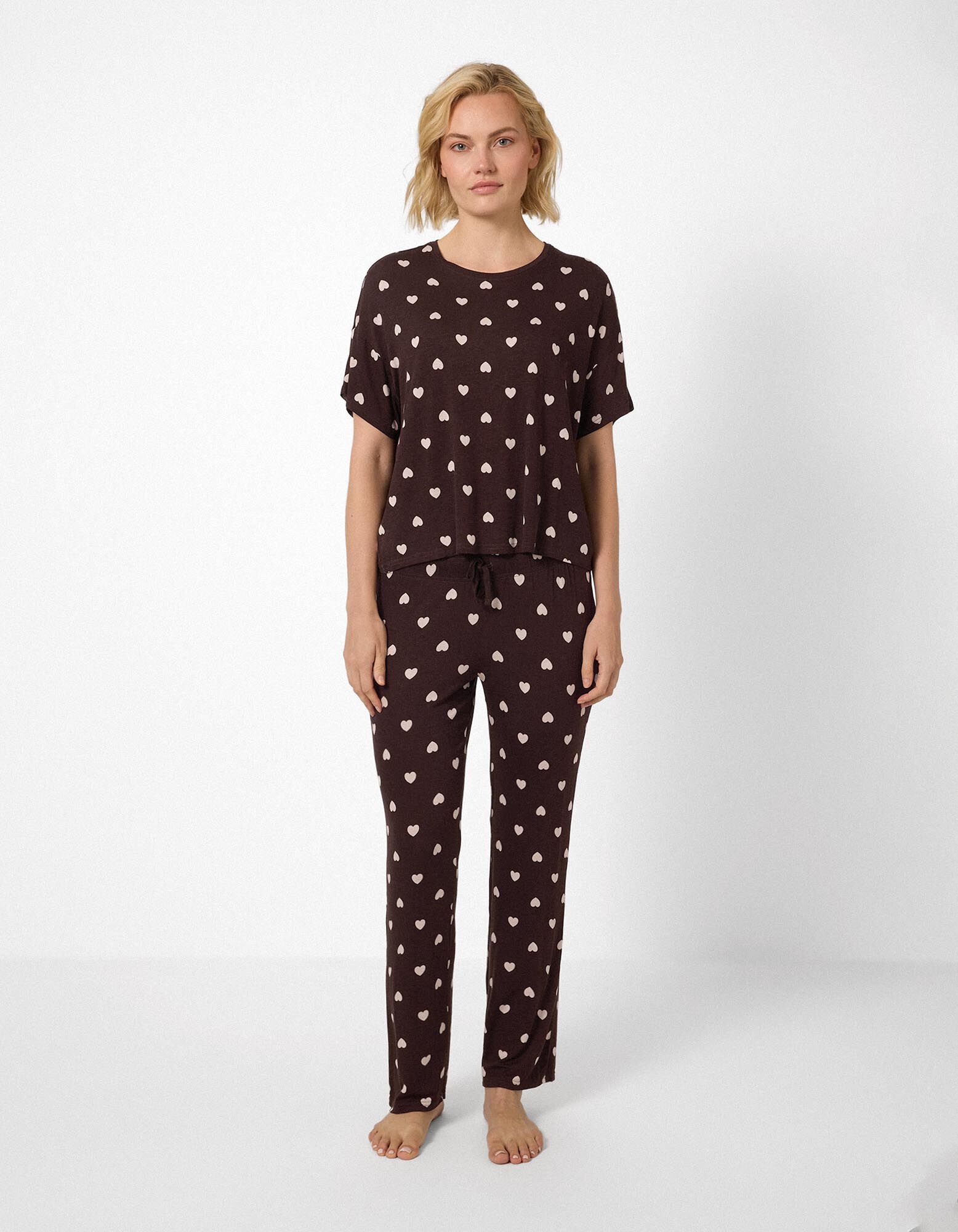 Pyjama Set aus Shirt und Hose - Viskose - Dunkelbraun