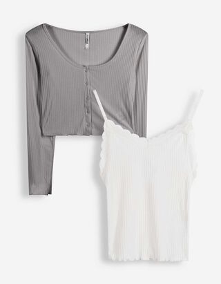 Langarmshirt - Double-Layer-Look - grau