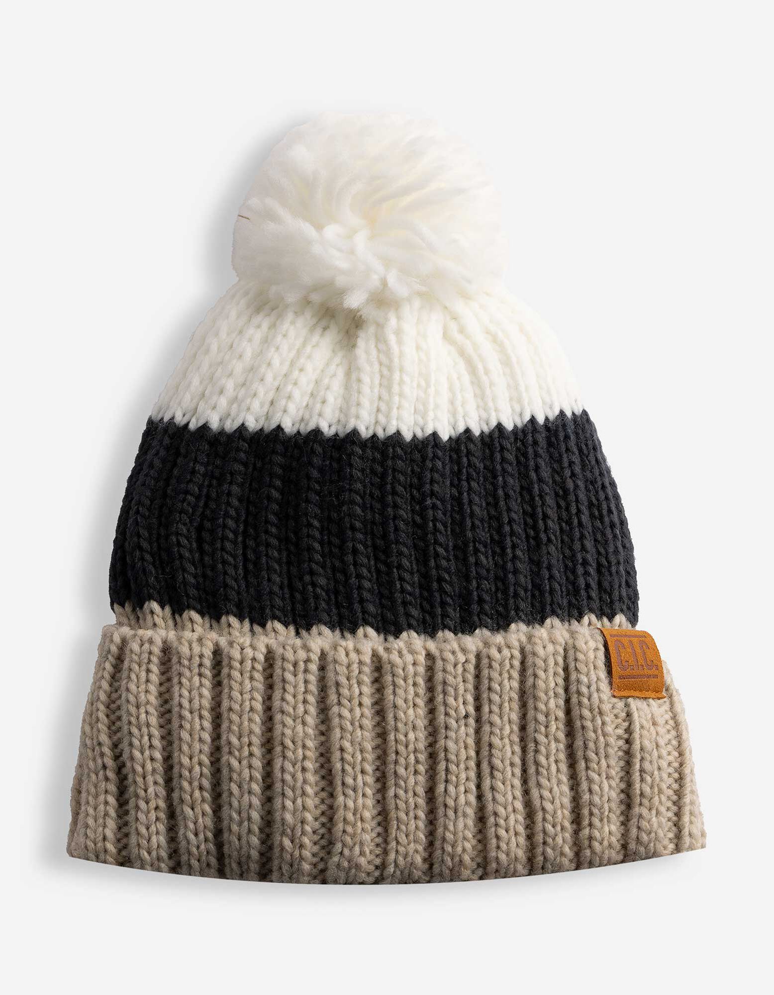 Muts met pompon - Strepen - Beige