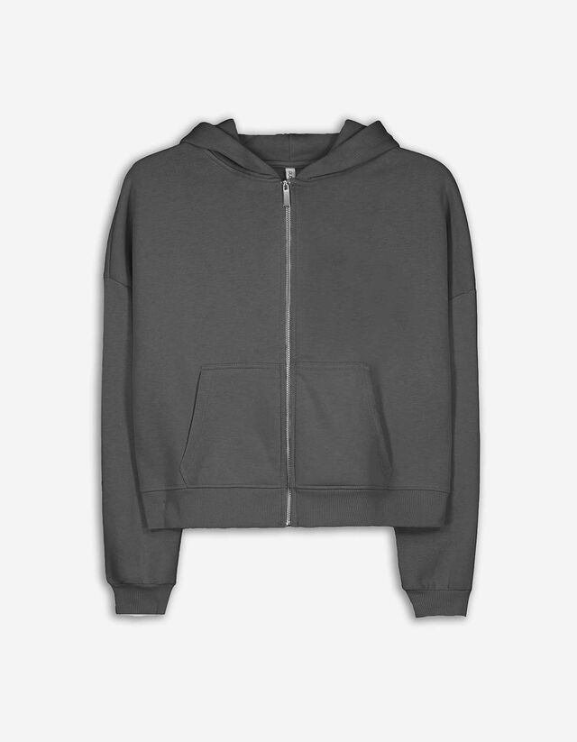Cropped sweatjack - Capuchon met tunnelkoord - donkergrijs