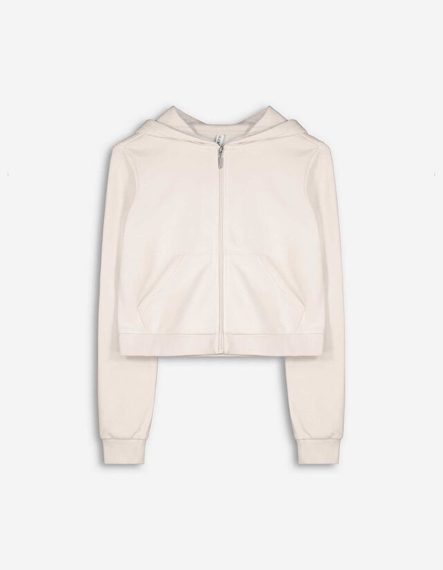 Cropped Sweatjacke - Kapuze mit Tunnelzug - weiß