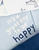 Komplet odela dugih rukava, pantalona, majica, rompera i bib-a  - Šareni print - svetlo-plava