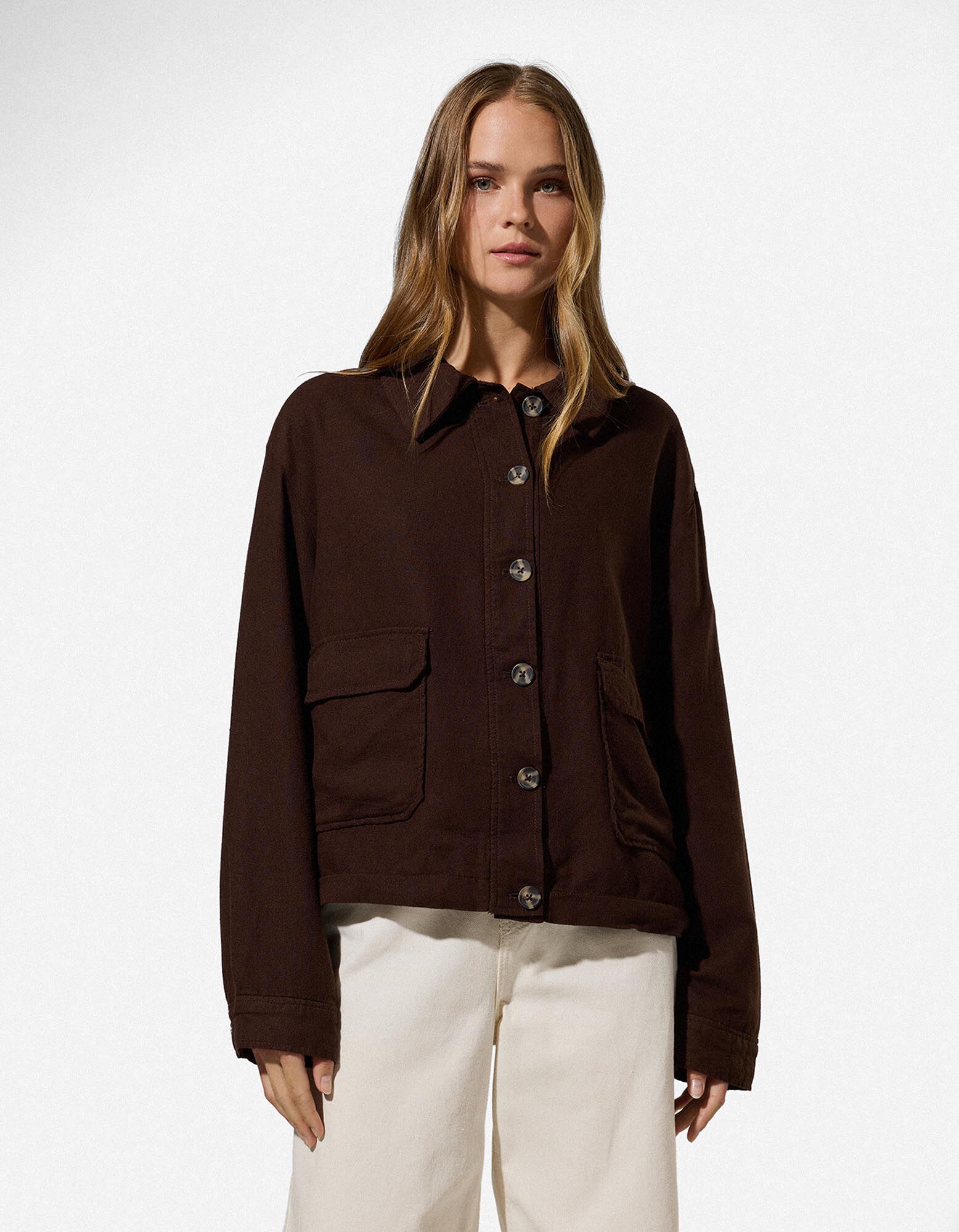 Veste chemise - Aspect lin - brun fonc&eacute;