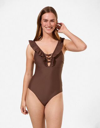 Badeanzug - Volants - Braun
