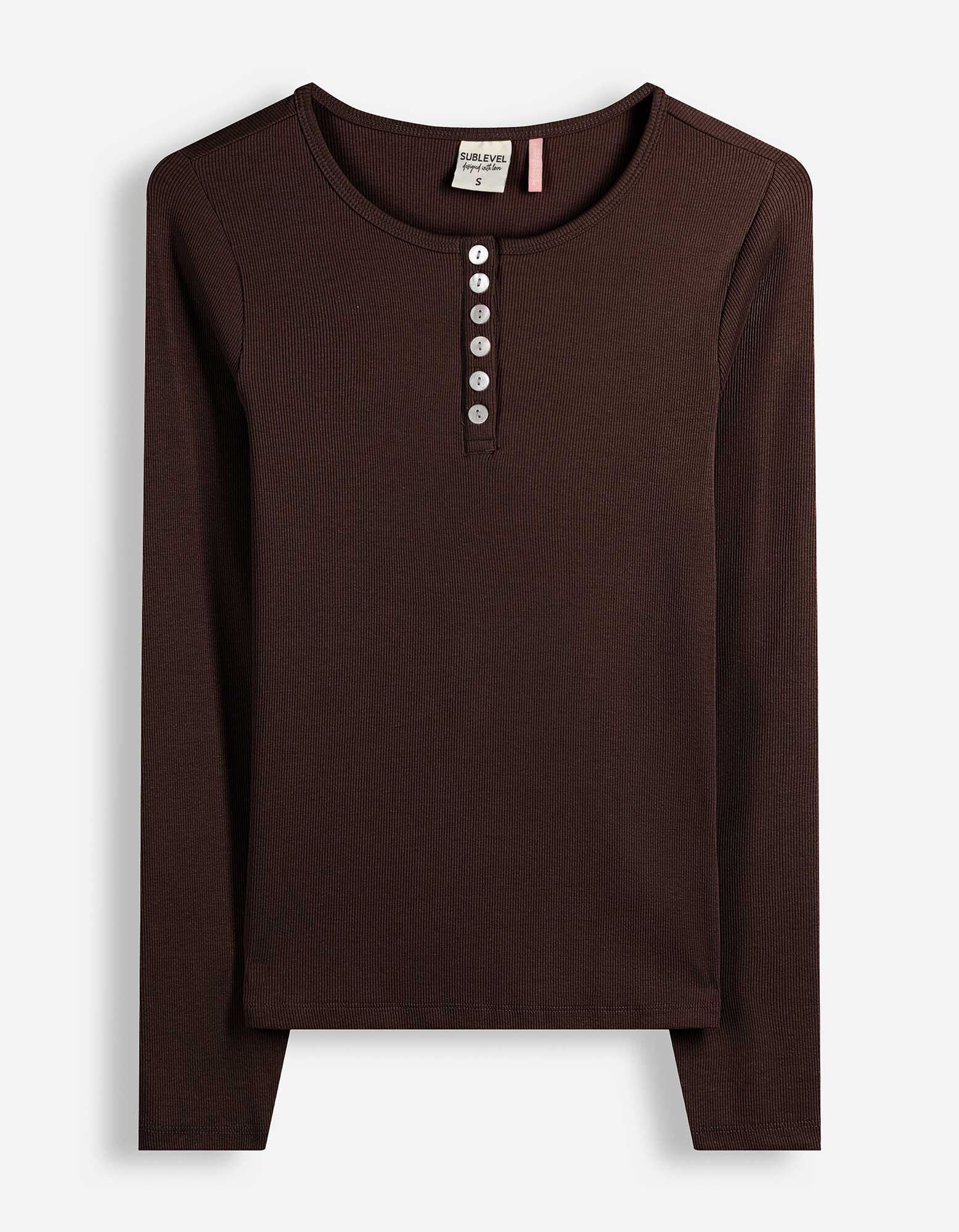 Langarmshirt - Zierkn&ouml;pfe - Dunkelbraun
