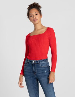 T-shirt &agrave; manches longues - Viscose m&eacute;lang&eacute;e - Rouge