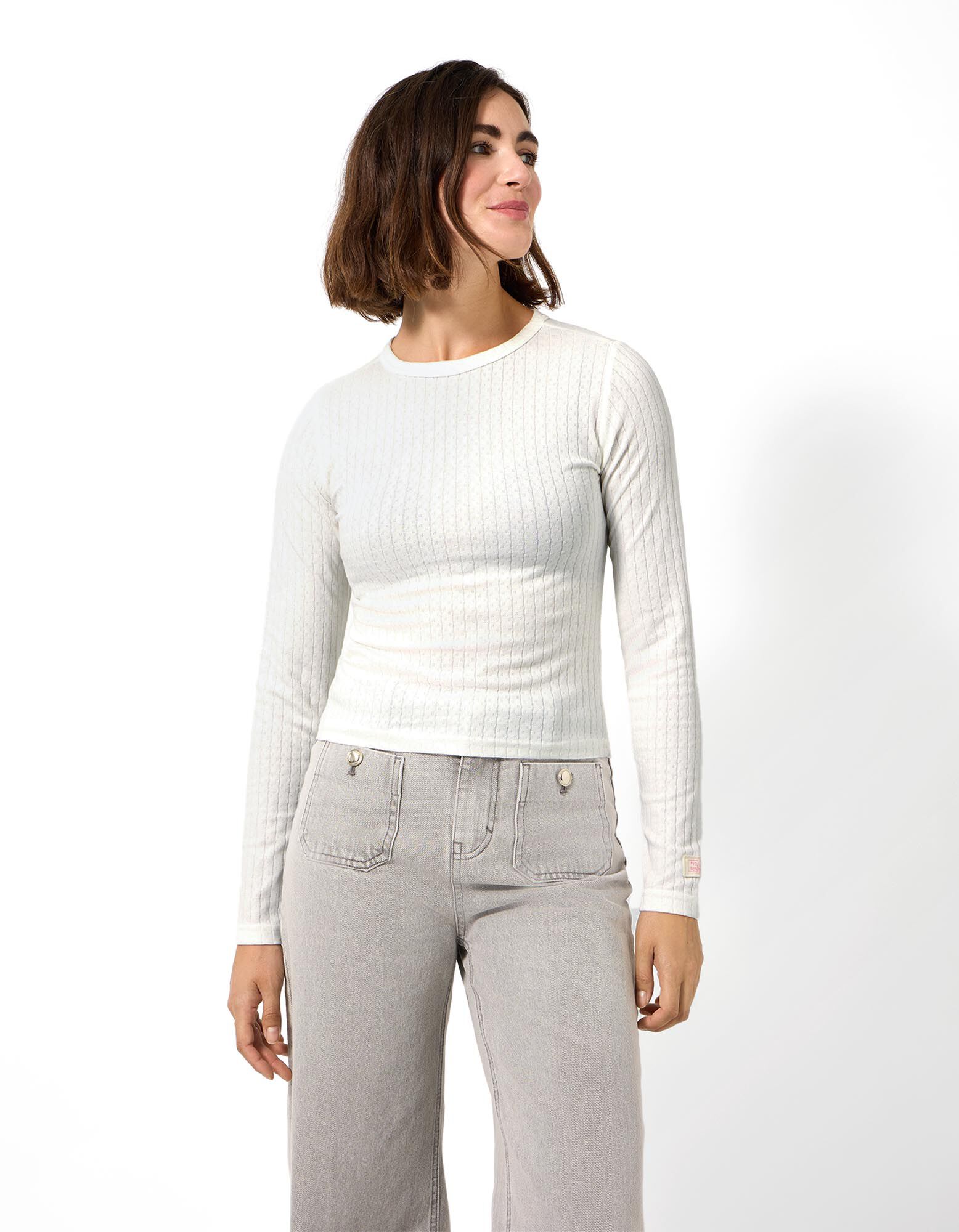 T-shirt &agrave; manches longues - &Eacute;tiquette - Blanc cass&eacute;
