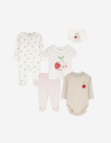 Set aus Langarmbody, Hose, T-Shirt, Strampler und Lätzchen  - Allover-Print - weiß