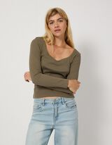 Tričko s dlouh&yacute;m ruk&aacute;vem - Krajkov&aacute; aplikace - Khaki zelen&aacute;