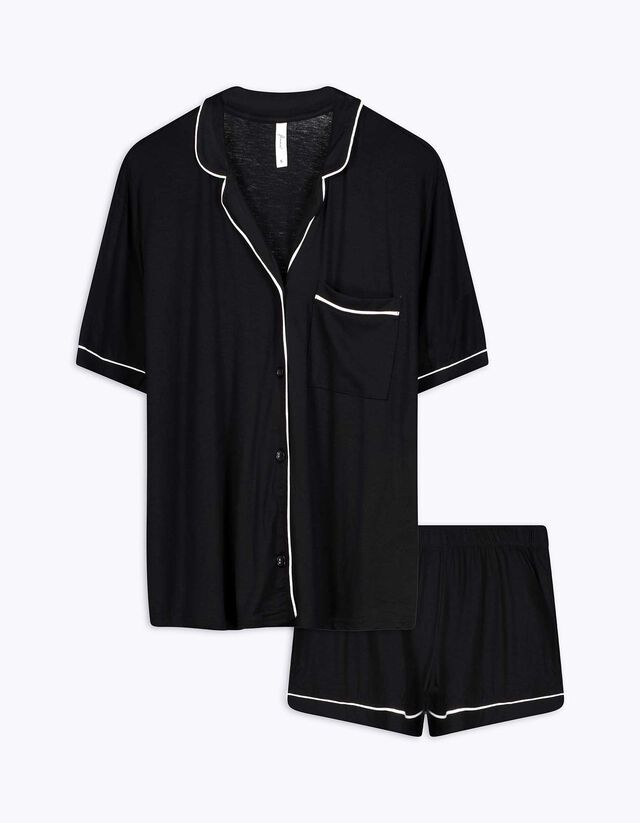 Pyjama Set aus Shirt und Shorts - Viskose - schwarz