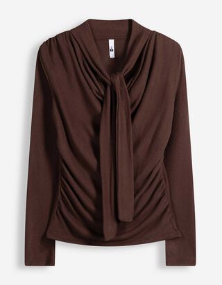 Langarmshirt - Schalkragen - Dunkelbraun