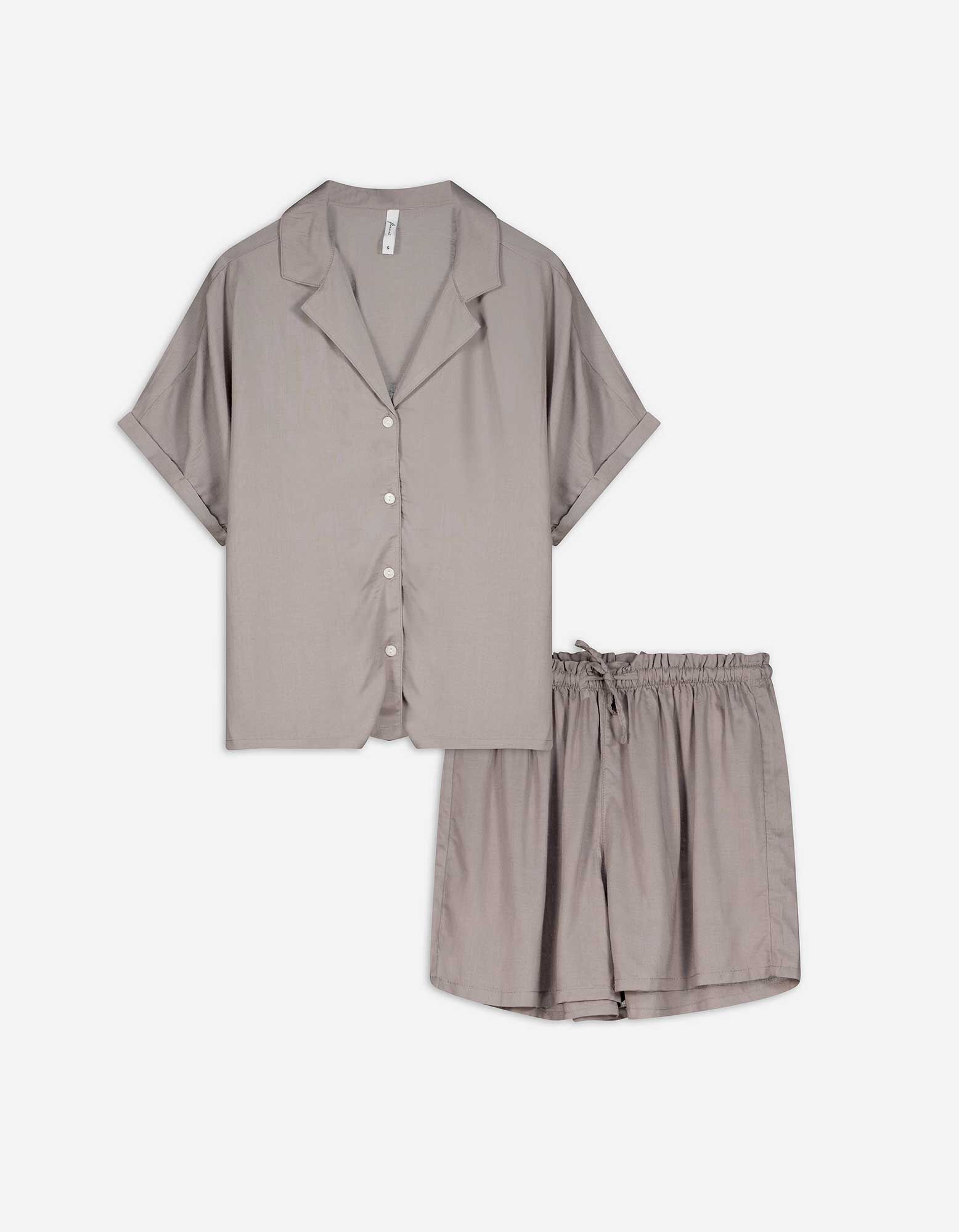 Pyjama set van shirt en shorts - Linnenlook - Taupe