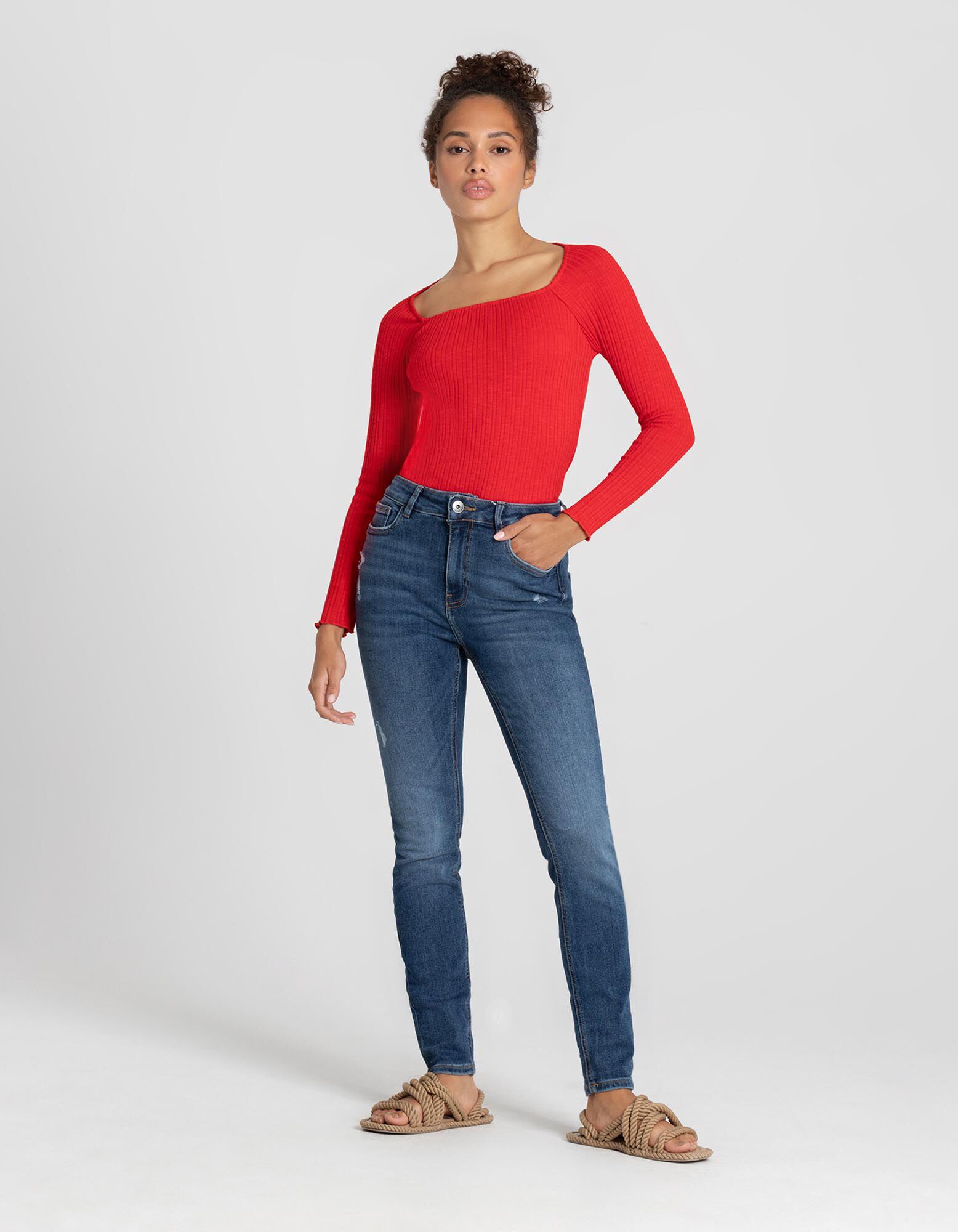 T-shirt &agrave; manches longues - Viscose m&eacute;lang&eacute;e - Rouge